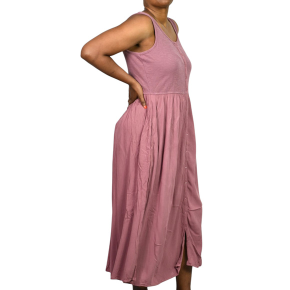 Frye Easy Button Front Dress Pink Mauve Tank Jersey Knit Pockets Rayon Medium - Picture 3 of 15